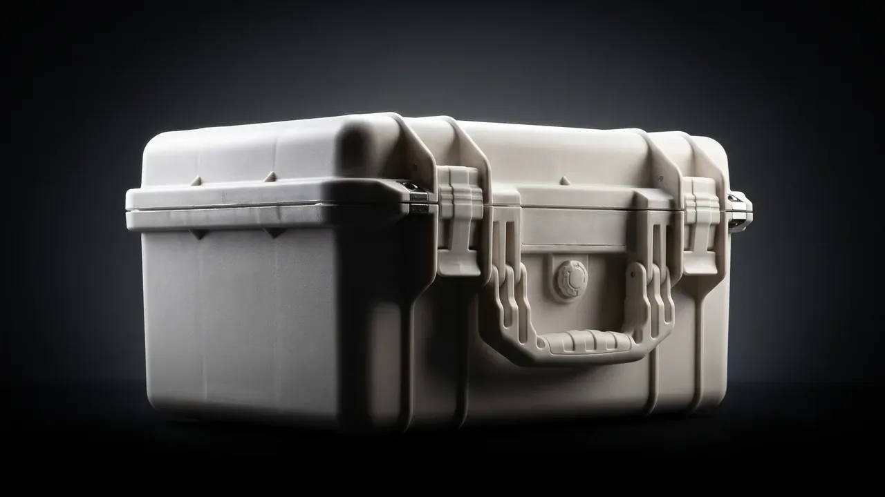 Deployable Hard Case: a beige closed case against a dark gradient, two cam latches, folding handle beside a round valve