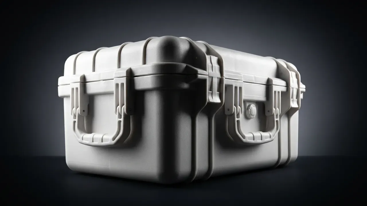 Deployable Hard Case: a white case seen from above at a corner, lid ribs running into corner caps, two latch arms hanging, one round valve