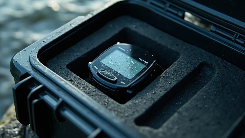 Dive computer in a foam cavity, droplets on the lid