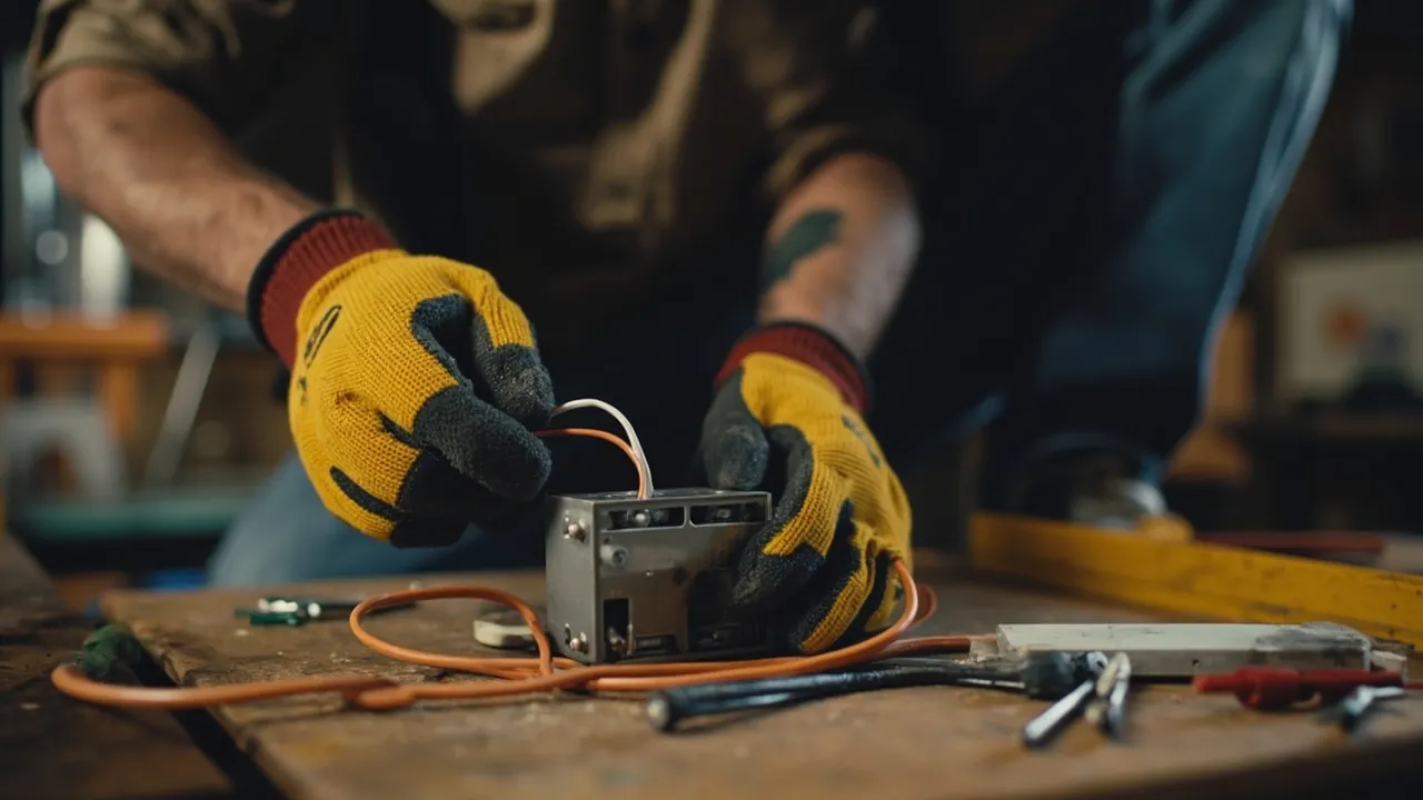 Small waterproof junction box and wiring tools on a bench