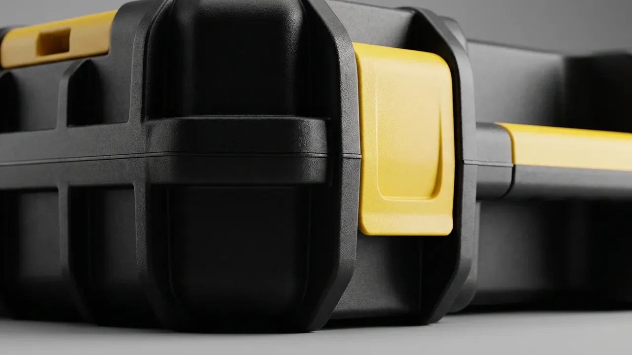 Drone case: macro view of a black corner, double wall rib and seam, one yellow latch set into the textured shell