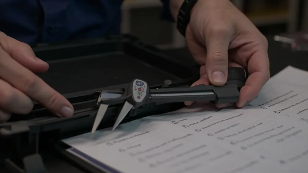 Measuring a case interior with a caliper beside a checklist