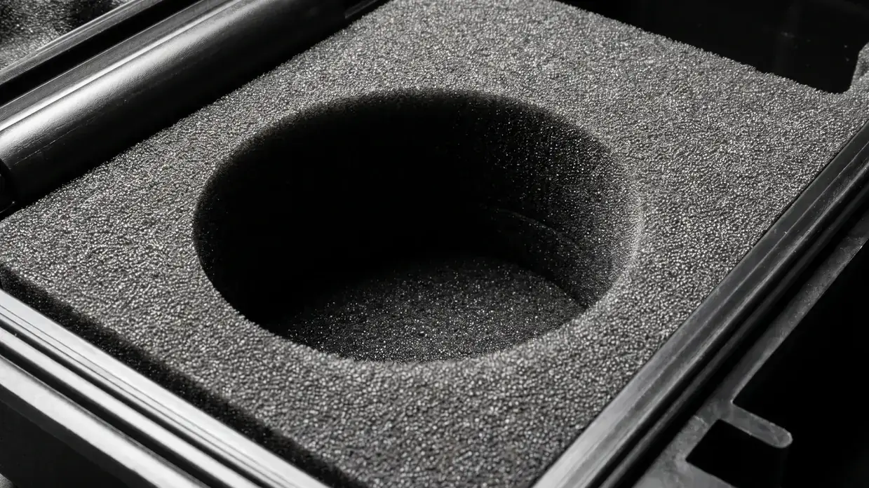 Drone case: black foam close up, deep circular pocket at the centre, grainy cell wall, a black cylinder lying at the left edge