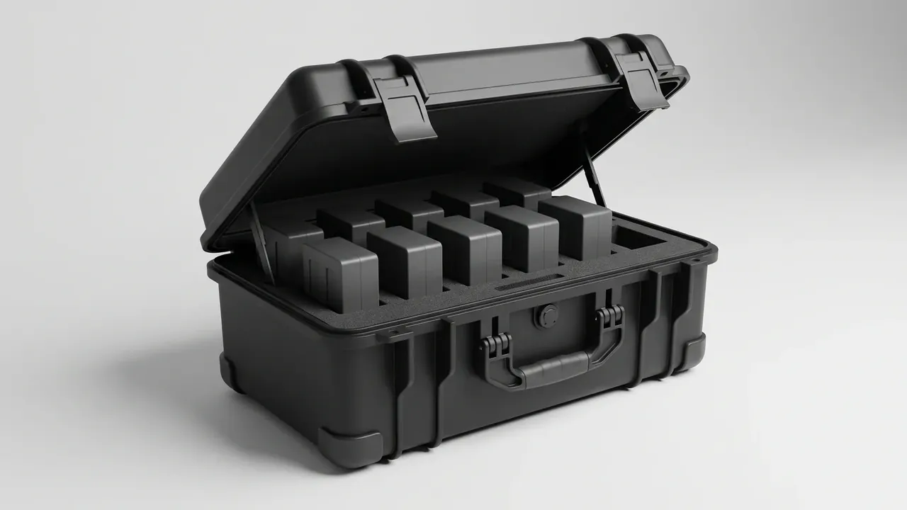 Drone case: black shell open, six square modules standing upright in foam pockets, grey foam rim around the opening, two front latches and a handle