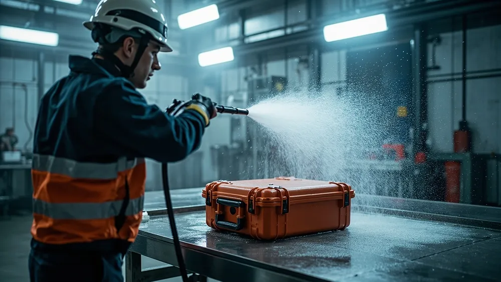 A protective case under high-pressure spray testing