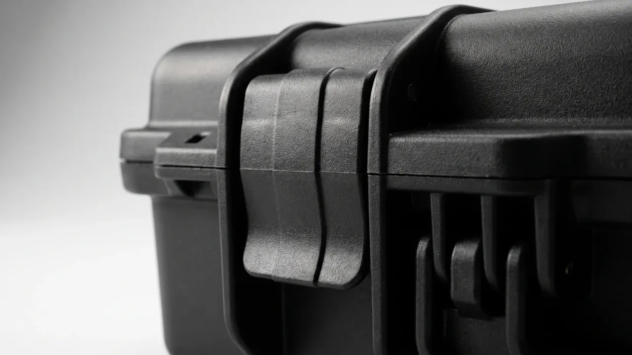 Drone Case: close-up of a wide black latch claw over the lid rim, grooved catch body, a second catch at right, curved wall rib
