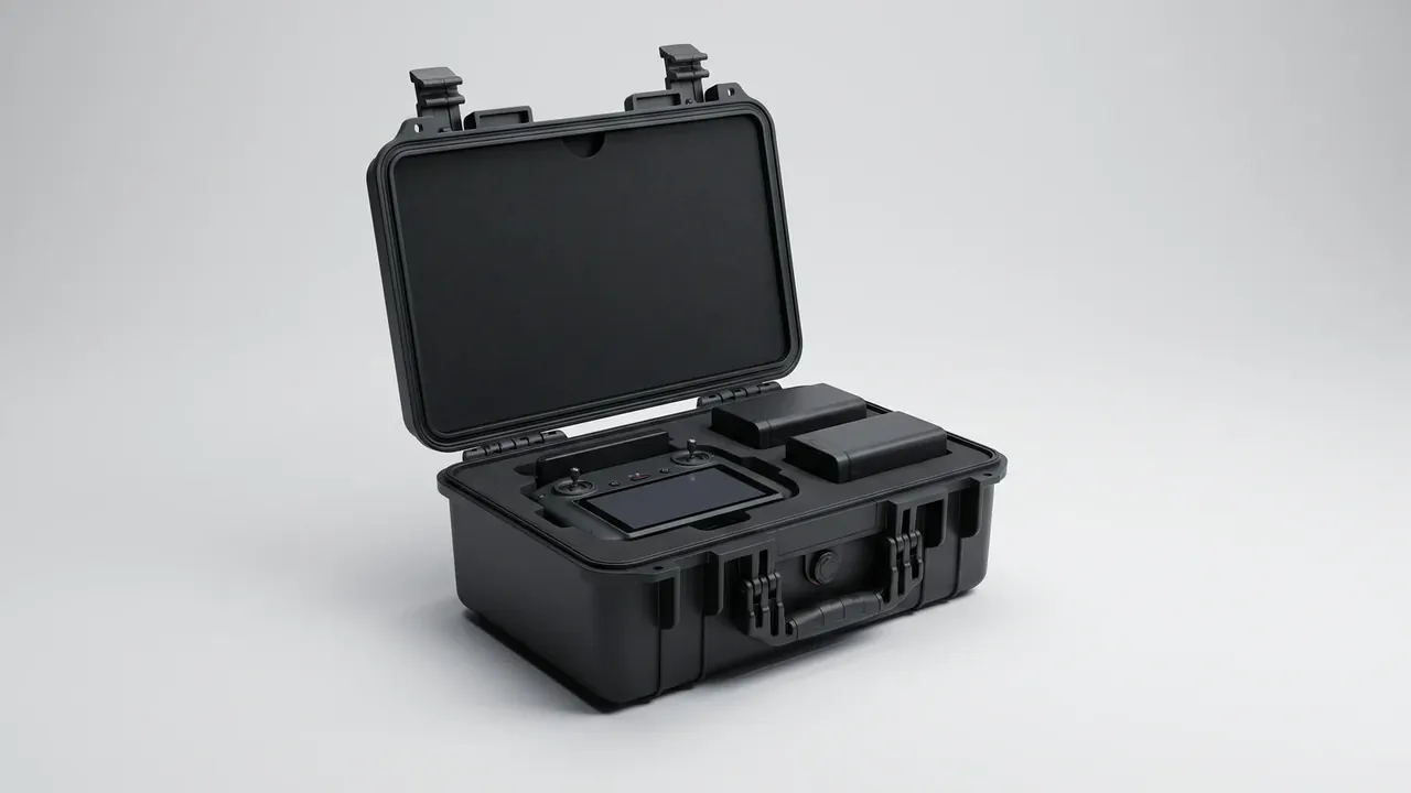 Drone Case: black case standing open on pale grey, flat black foam, a screen controller sunk in its slot, two battery blocks, twin front latches