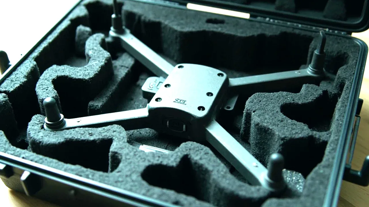 Close-up of a compressed foam cut-out in a drone case that no longer holds the body