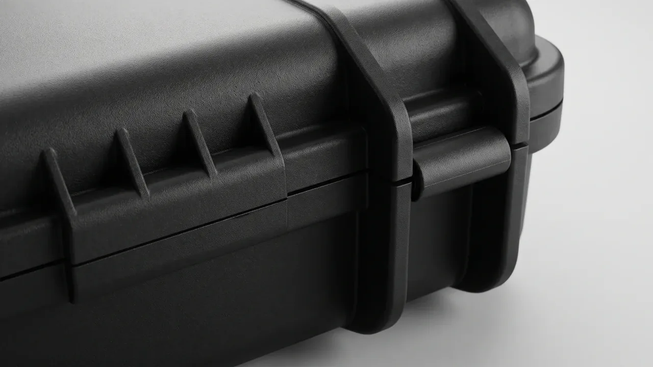 Drone Case: close view of a black case corner with textured shell, triangular ribs, hinge pin and a closed two-stage latch