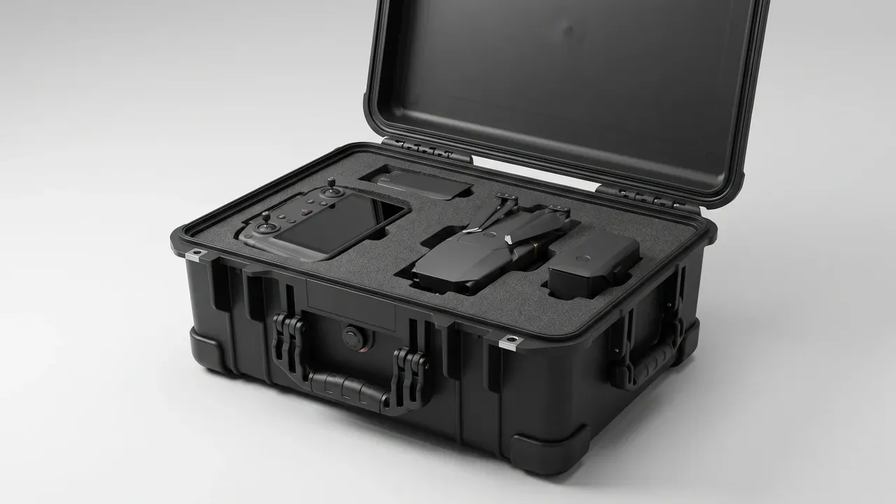 Drone Case: black case open with foam holding a folded drone, screen controller, battery and gimbal, corner bumpers visible