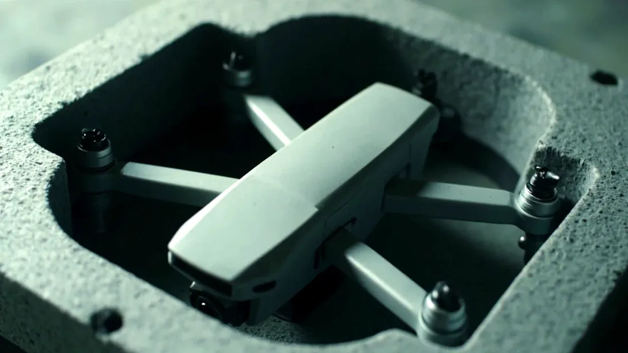 Close-up of a drone body seated in a foam cut-out with rotor arms in separate slots