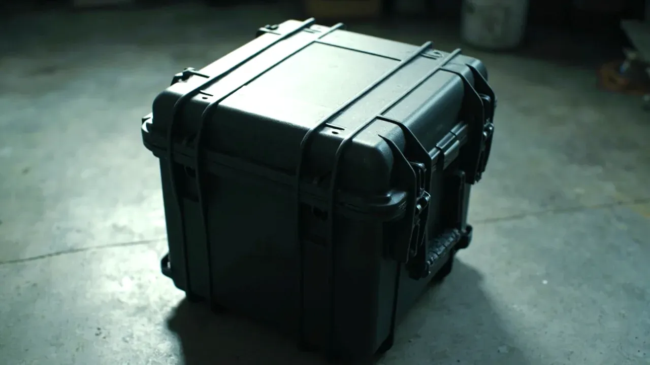 A closed drone case with two latches and a pressure equalisation valve on the lid