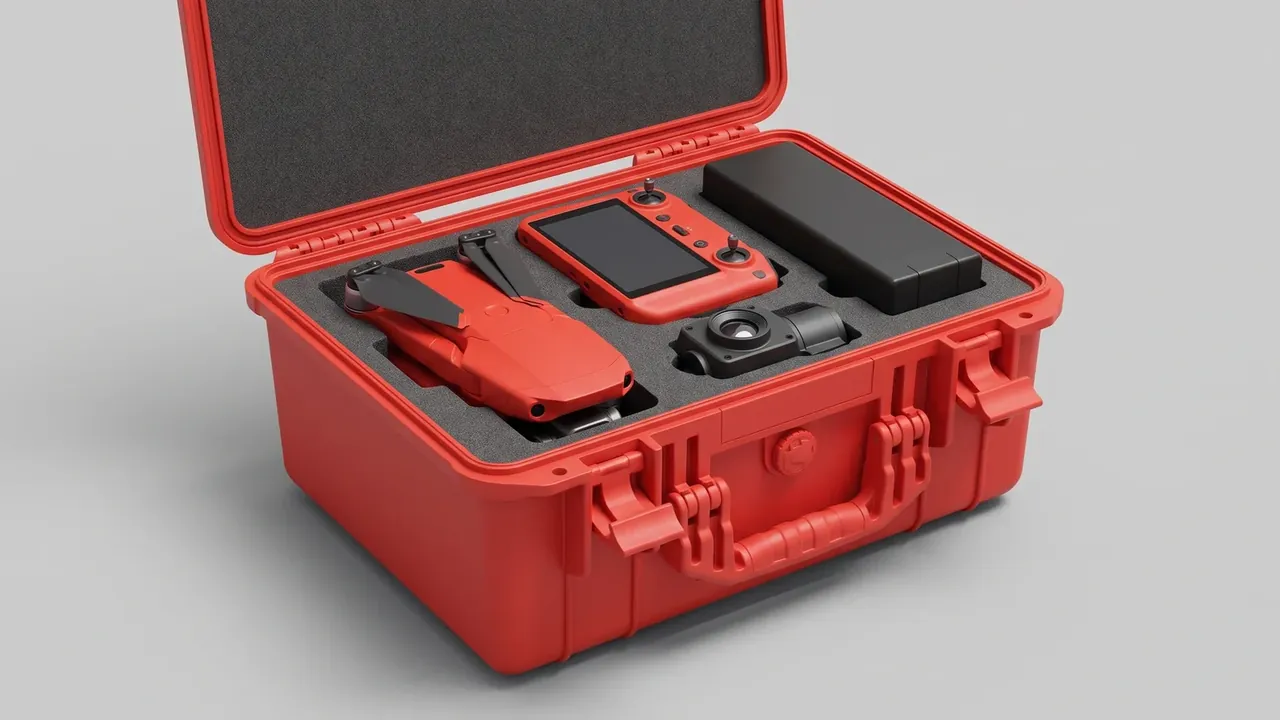 Drone Case: red case open with dark foam holding a folded-arm drone, a screen controller, a battery and a gimbal, lid foam in place