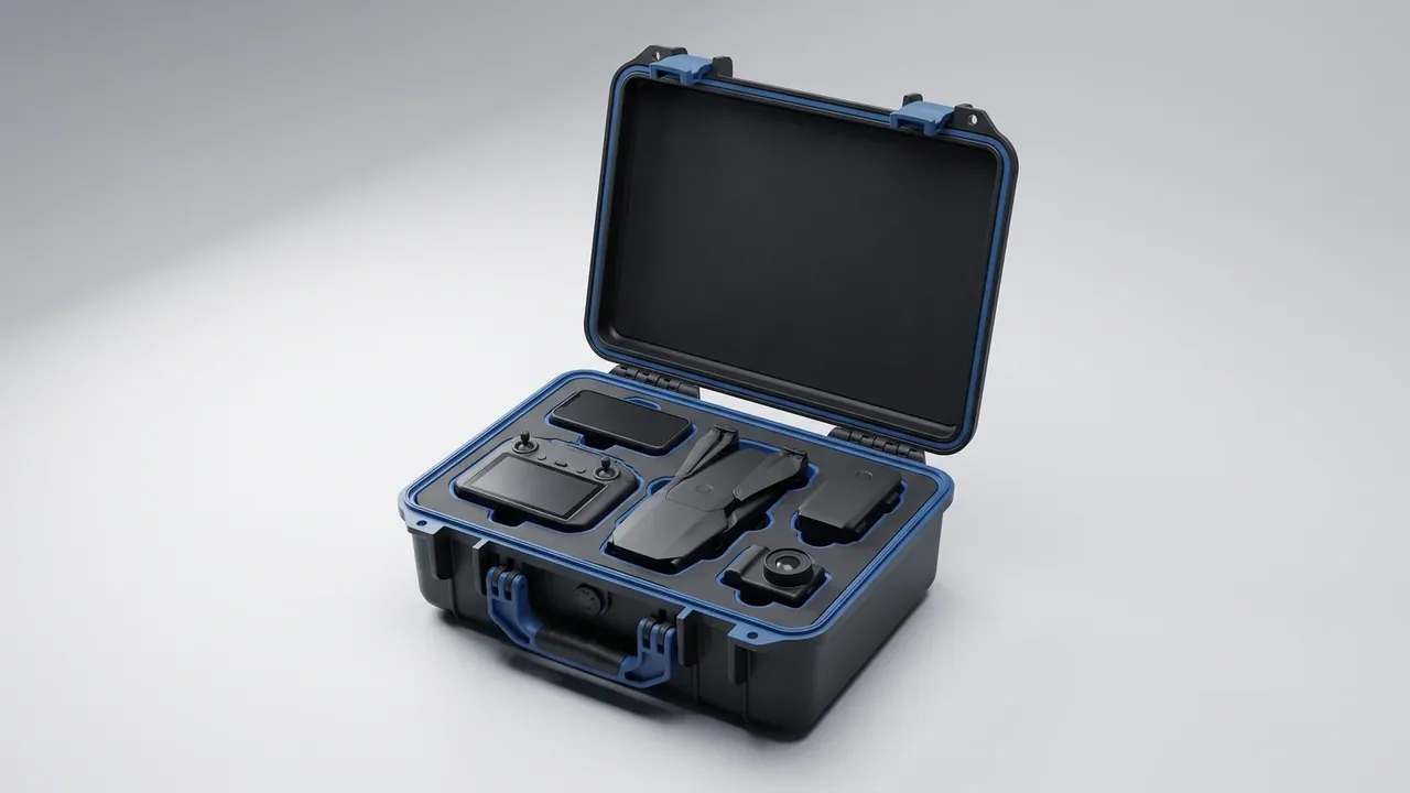 Drone plastic protective carrying case: black case open, foam pocketed for a folded airframe, controller with sticks, two batteries, blue seal ring, folding handle
