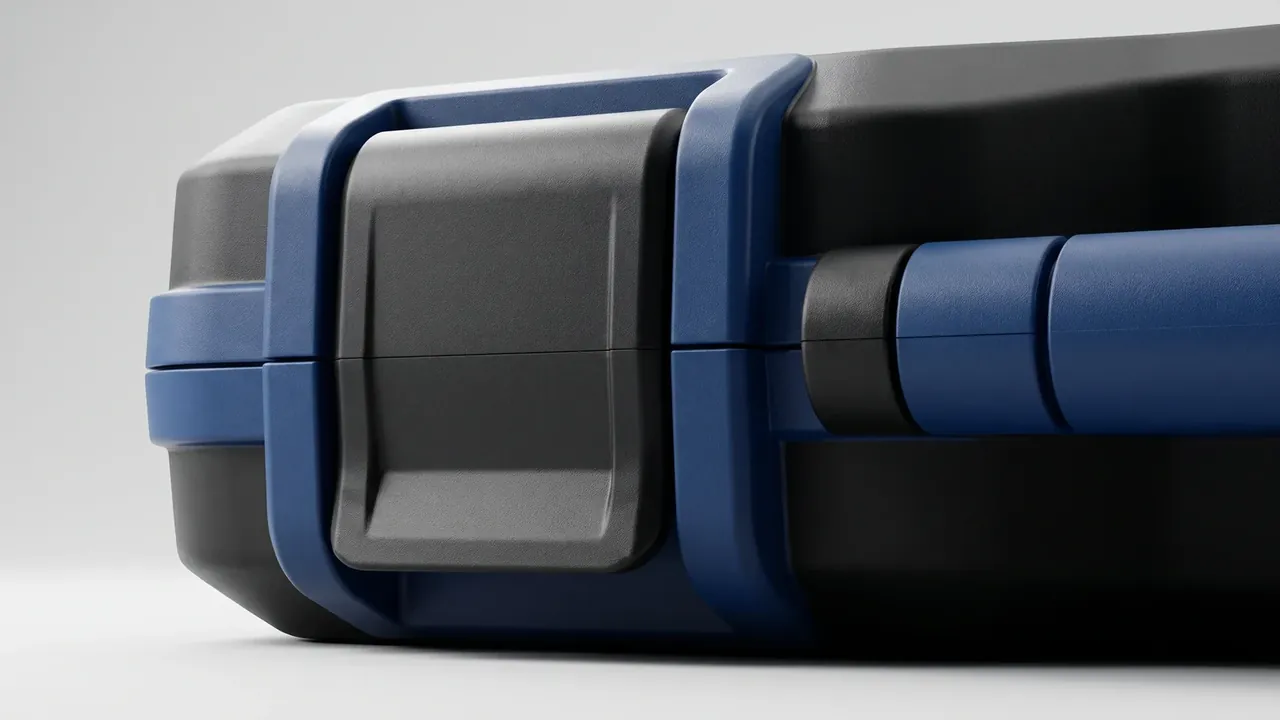 Drone plastic protective carrying case: close side view of the closed case, two blue latches in rim recesses, black wall with corner ribs, grey backdrop