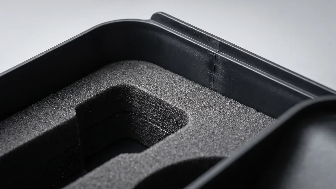 Drone transport case interior in black, fine-celled foam cut with an L-shaped arm recess, continuous gasket groove along the rim