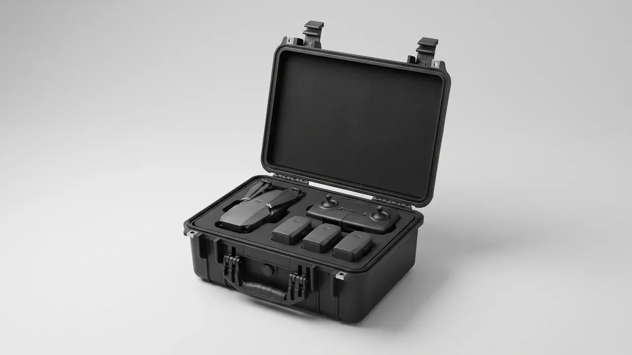 Drone transport case in black, lid open, airframe with folded props in the left cavity, controller at right, three batteries in a row