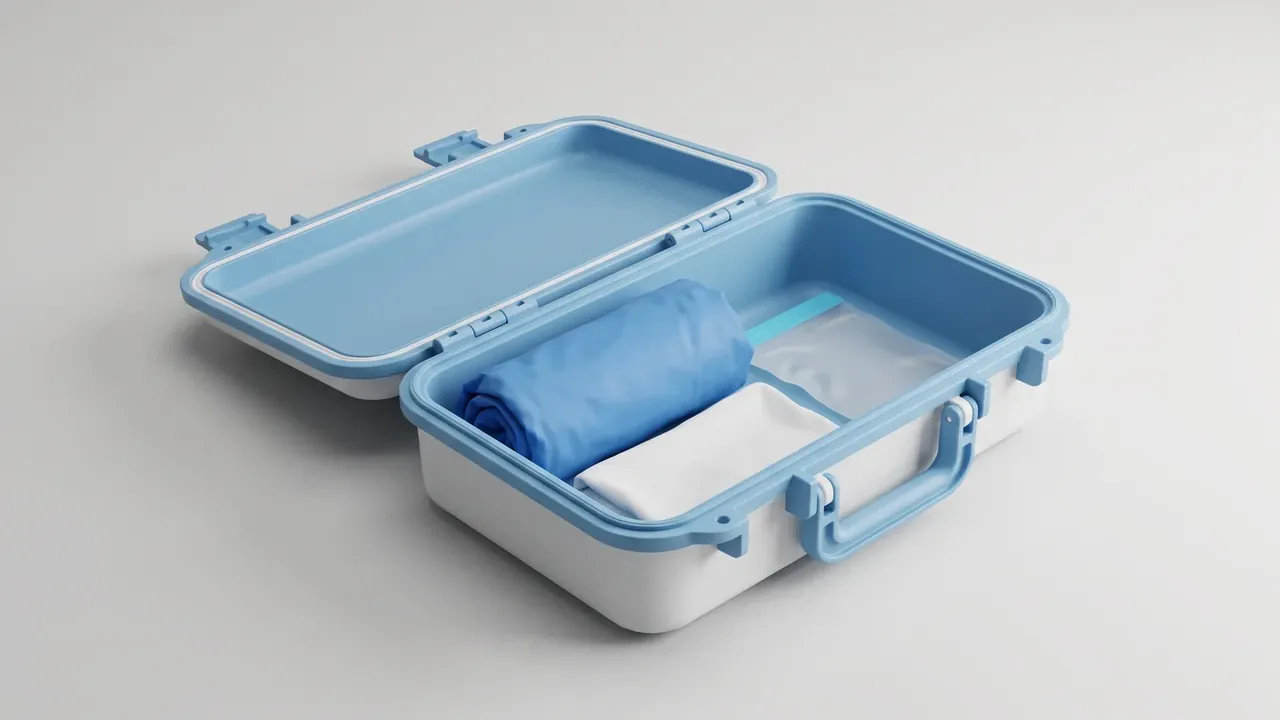 Waterproof case open flat, blue lid showing a white gasket ring, a rolled blue cloth and clear pouch inside, two hinge seats per side