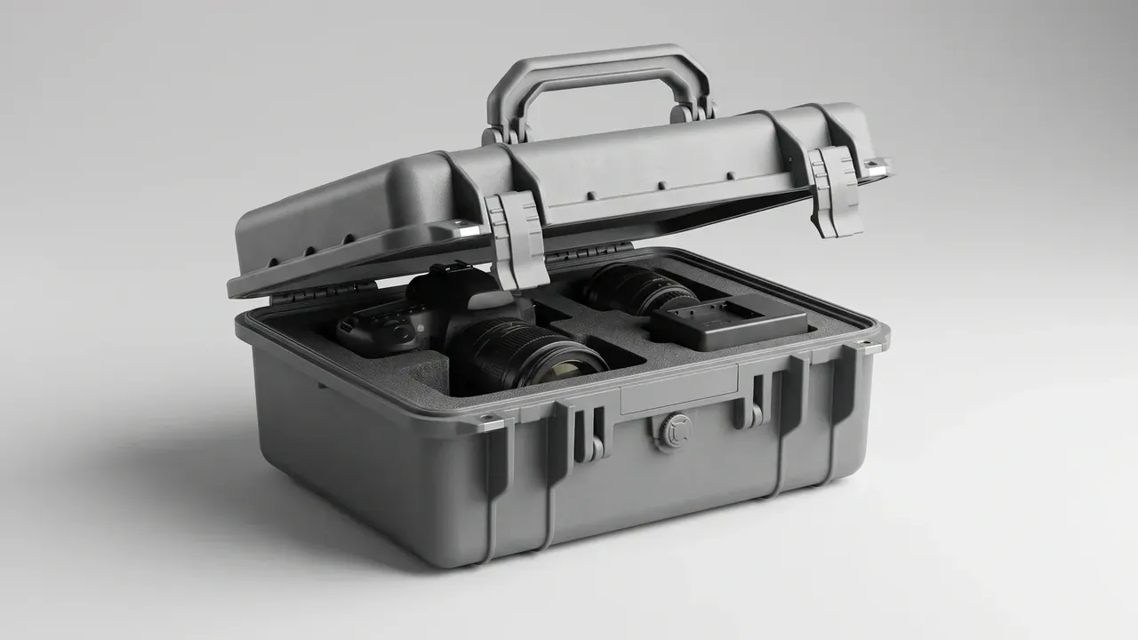 Durable plastic hardware box: a grey case open, egg-crate foam in the lid, black insert with a camera and two lenses