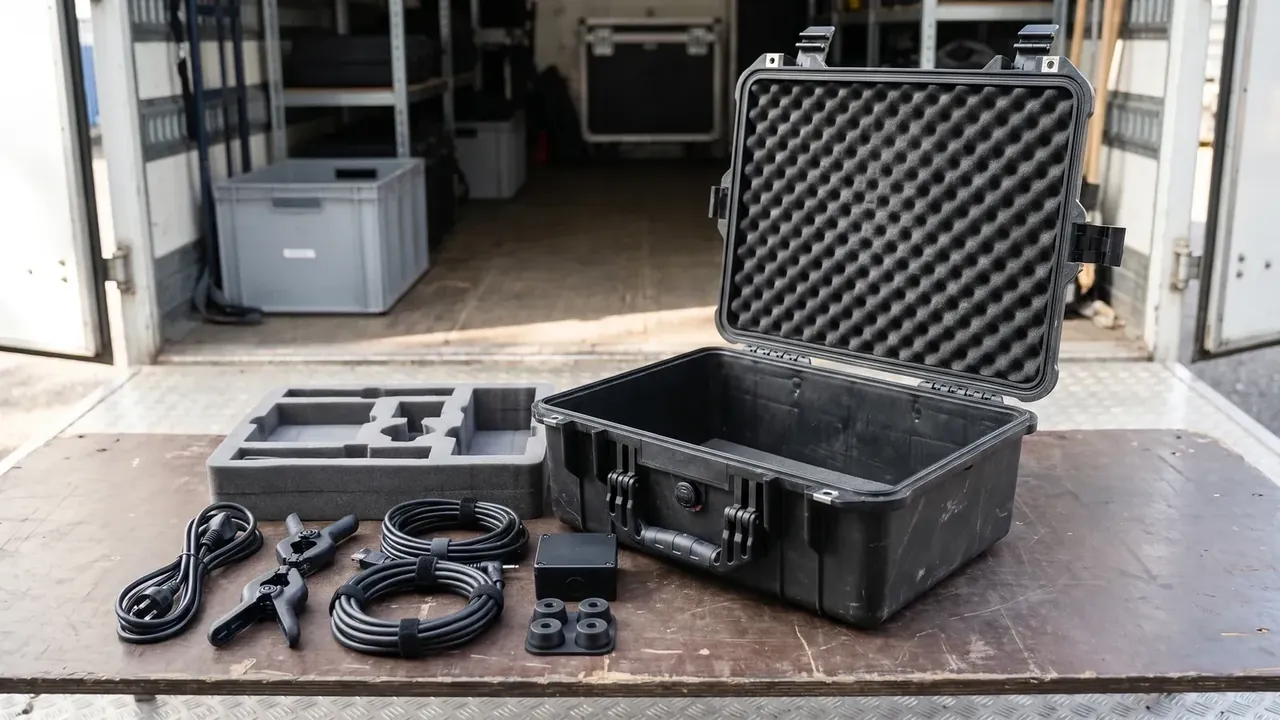 Durable plastic hardware box: a black case open on a wooden bench, egg-crate foam in the lid, cables, a clamp and a parts box