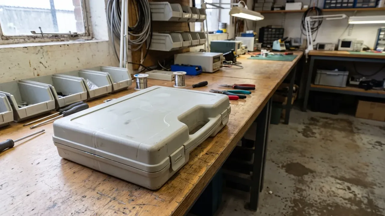 Dustproof case: a scuffed grey case closed on a worn wooden bench, grime on the shell, moulded end handle, parts bins behind