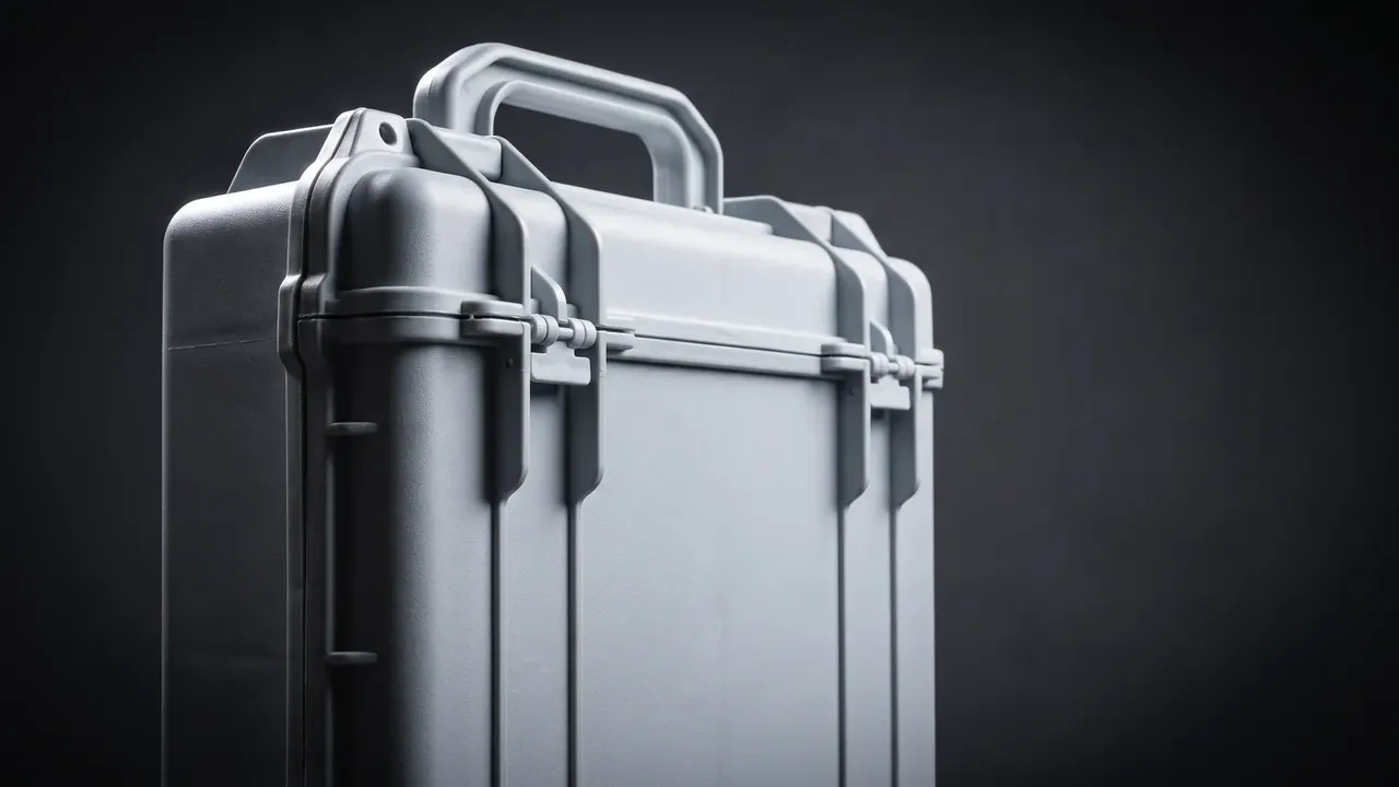 Dustproof case: two grey cases standing side by side, a silver pin along the joint, hinges and latch faces aligned, end ribs sharp