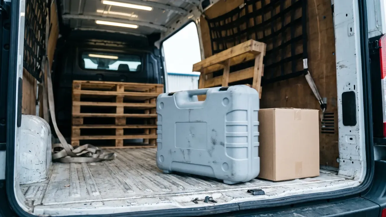 Dustproof case: a grey case upright on a van's ribbed floor beside a cardboard box, pallets and straps against the wall