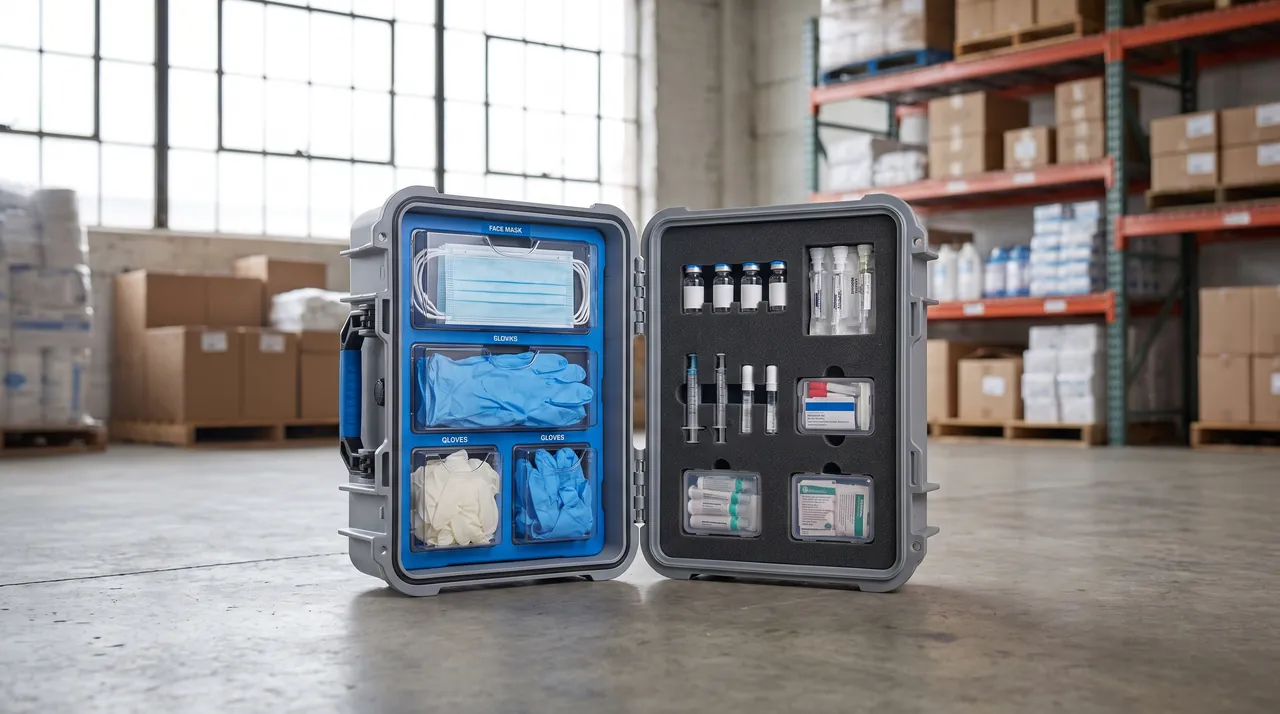 A teacher counting equipment inside a teaching kit case in a training room