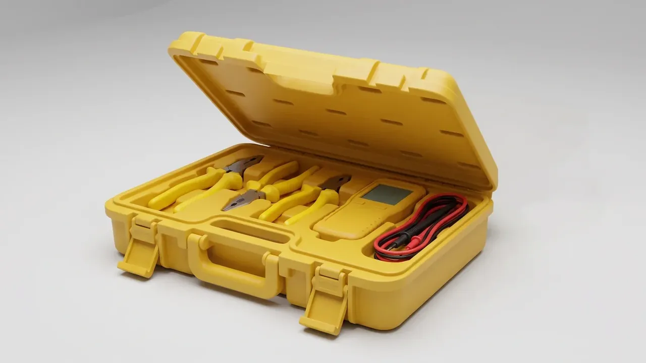 Electrician plastic tool case: the yellow case open from above, three pliers and two strippers left, a multimeter with coiled red and black leads