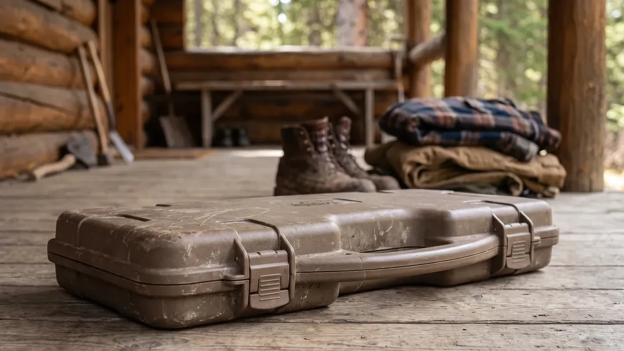 Electronic Equipment Case: khaki flat case on worn timber boards, two latches and a moulded handle facing out, blurred boots behind