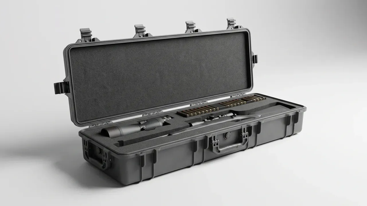 Electronic Equipment Case: charcoal body open, lid upright with four latches, black foam lining, base cut into a long trough and small pockets