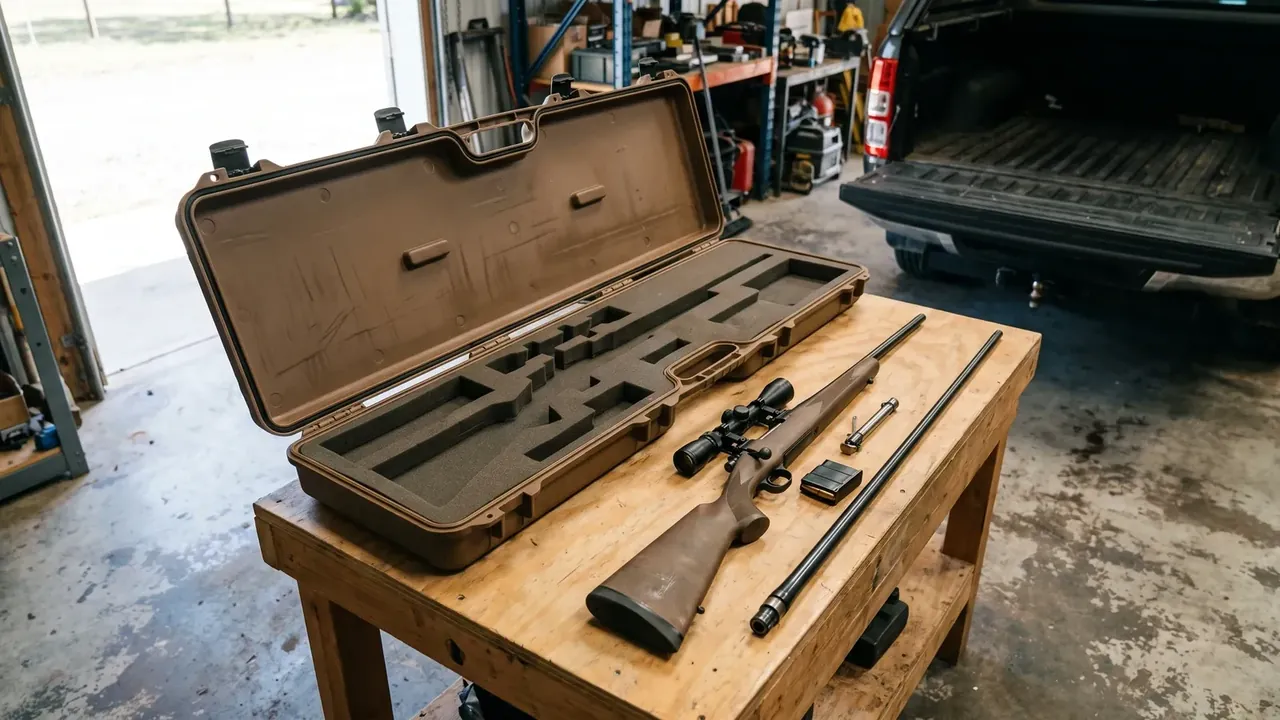 Electronic Equipment Case: tan body open on a wooden bench, two lid latches, base foam cut into stepped cavities, workshop shelves behind