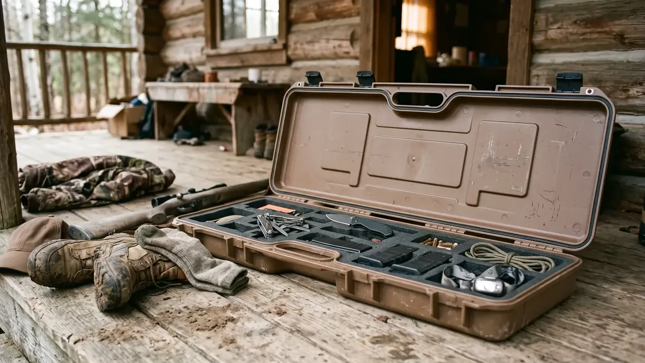 Electronic Equipment Case: tan long case open on a log cabin porch, three black latches inside the lid, foam base split into tool compartments