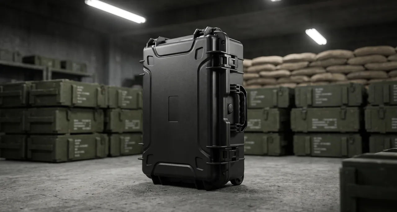 Protective cases stacked on warehouse racks