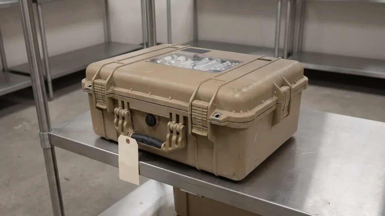 Emergency command case closed on a bench, clear lid window showing white vials, four latches and a tagged handle