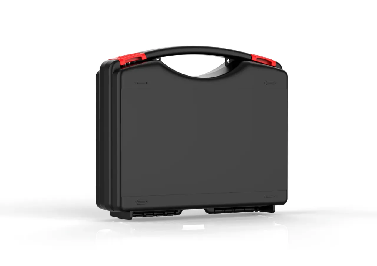 Emergency command case in black briefcase format, two red latches beside an integrated handle