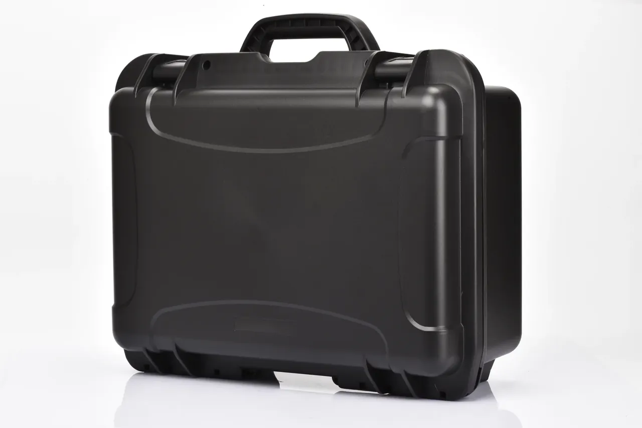 Same case at an angle, closed, side ribs and lower latches visible