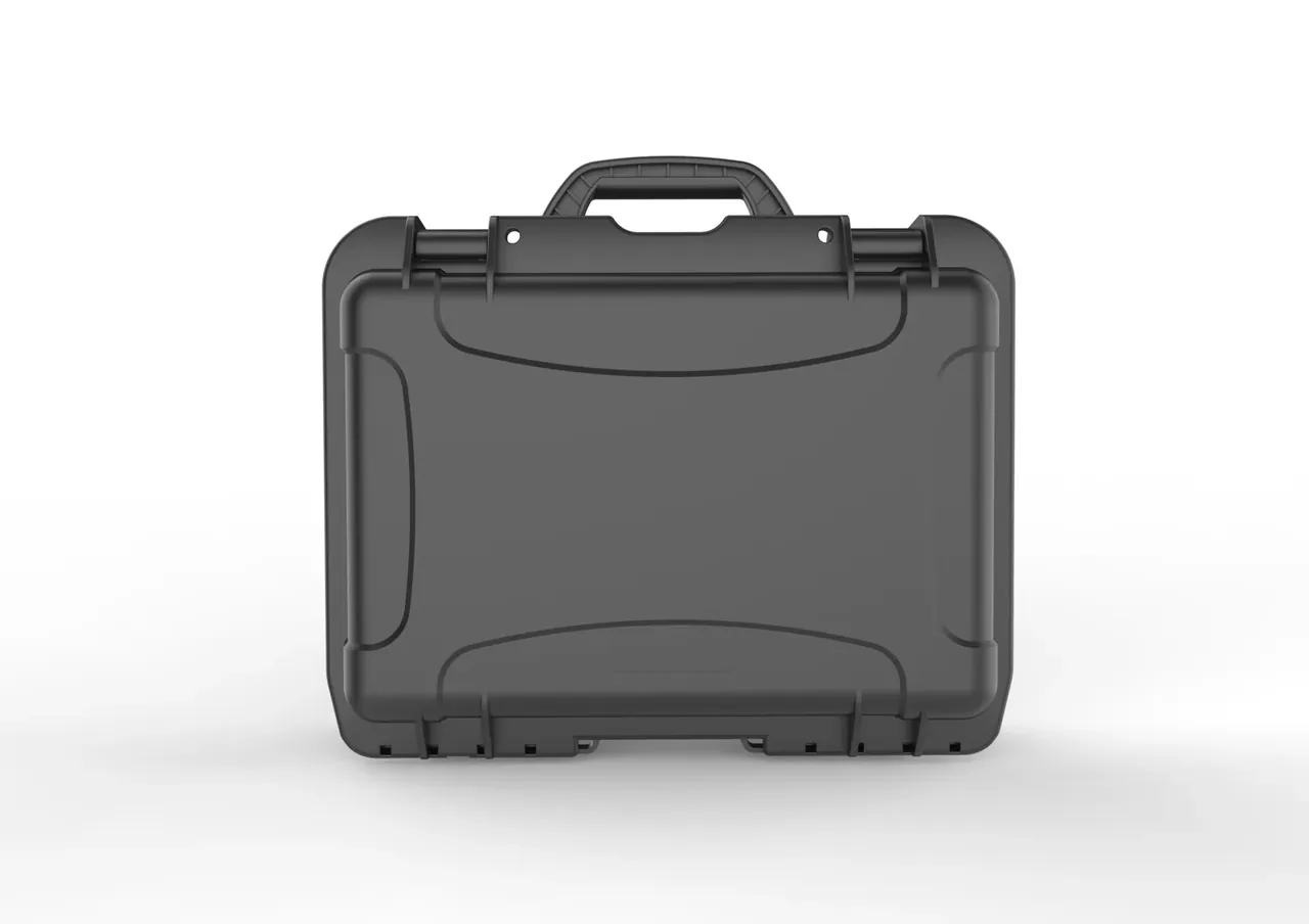 Same case from the front, lid rib and parting line aligned across the width