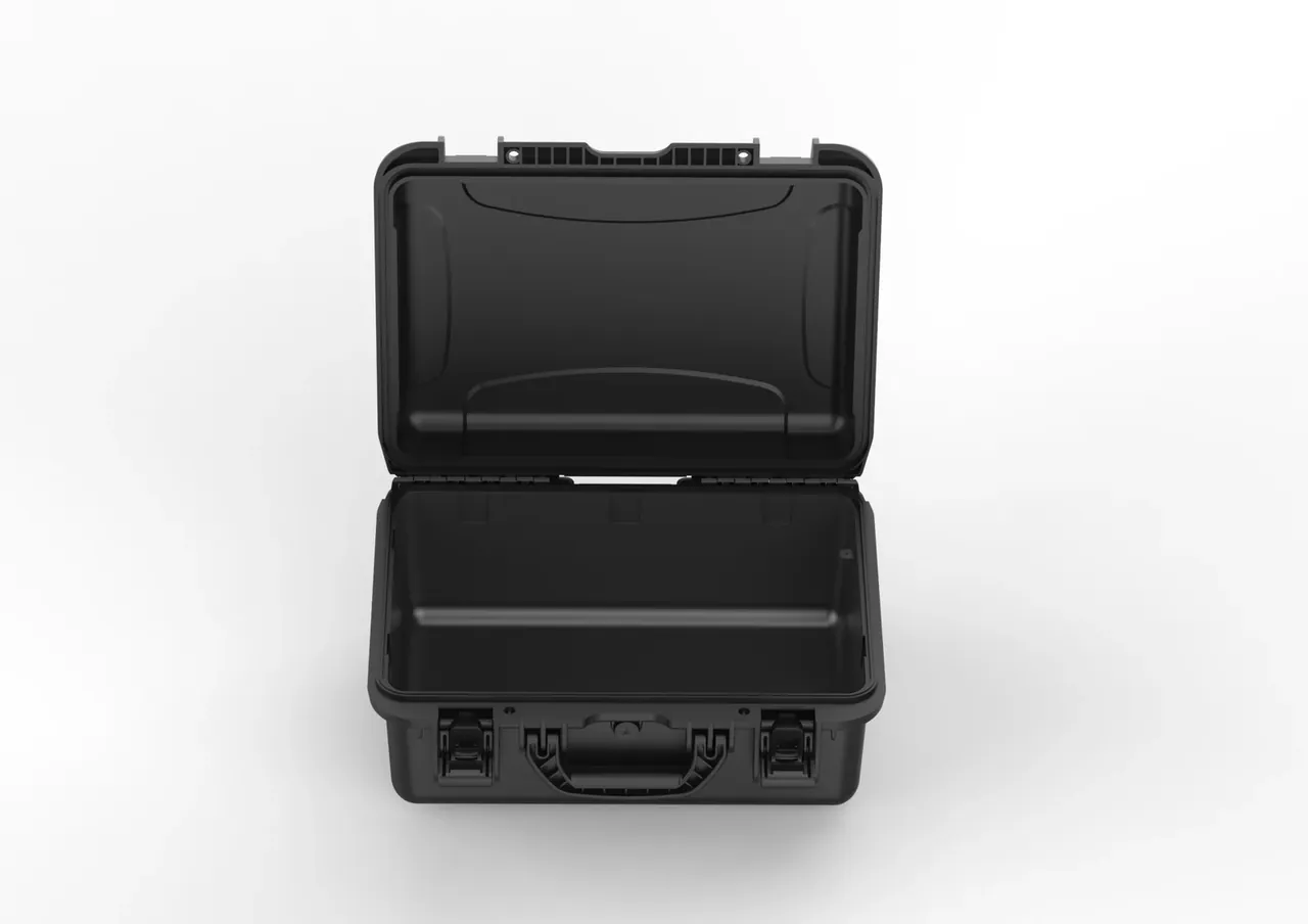 Case open to ninety degrees from the front, lid and body balanced