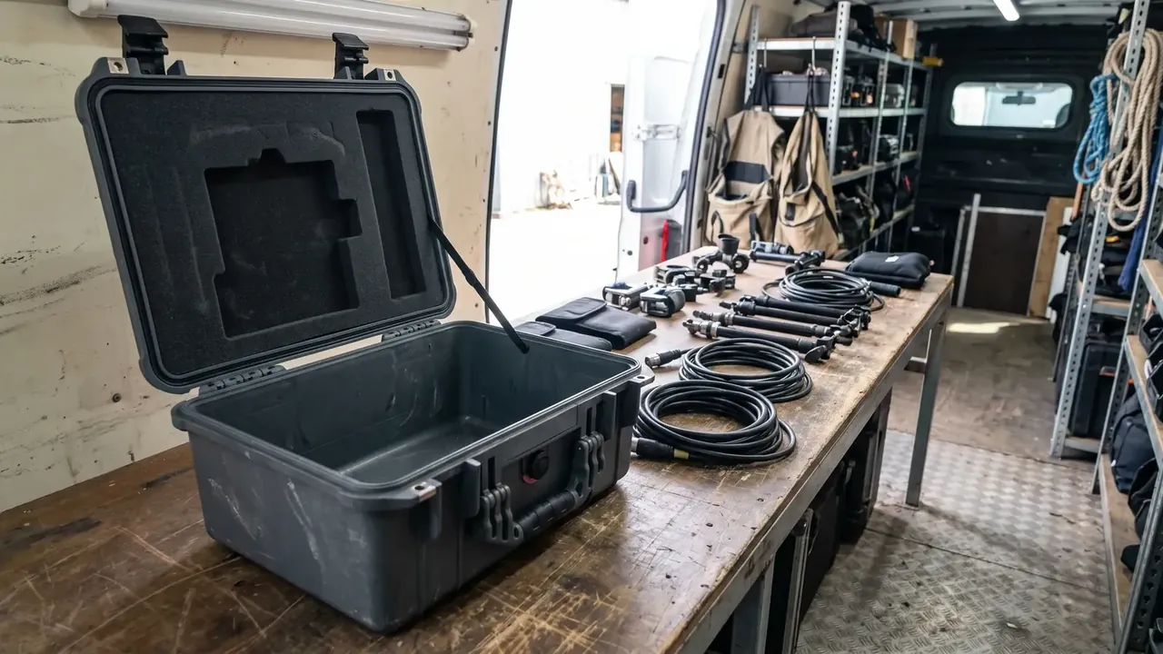 EMI Shielding Case: dark grey open case on a van bench, lid foam pocket visible