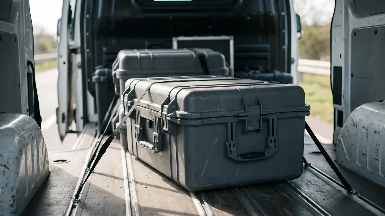 EMI shielding case: grey rotomolded cases held by a black strap inside a white van cargo bay, ratchet latch closed, ribbed walls