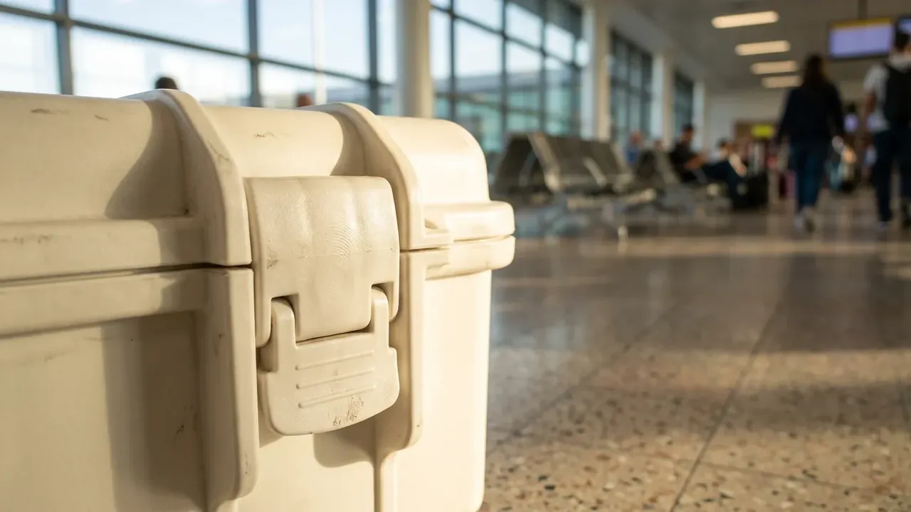 EMI shielding case: close-up of an off-white latch on a closed case in an airport terminal, blurred passengers and seating behind