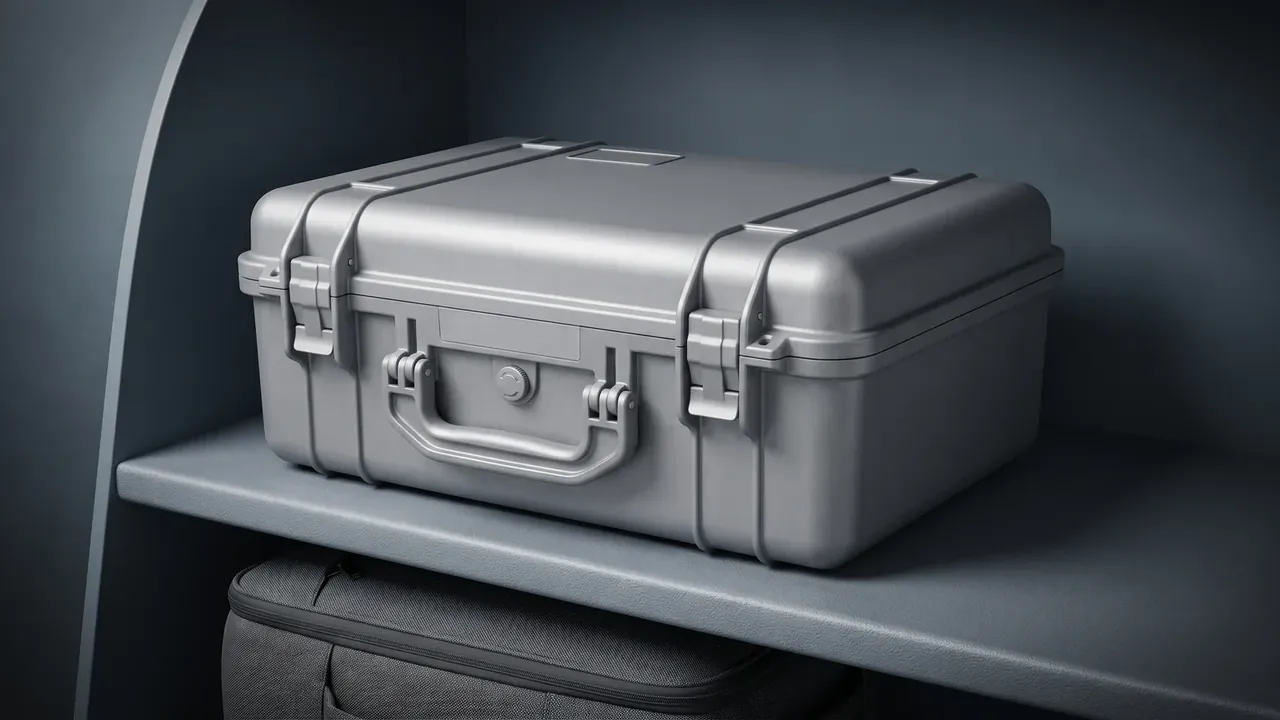 EMI Shielding Case: closed silver body in a grey shelf recess, two cam latches, a recessed metal handle and twin lid ribs