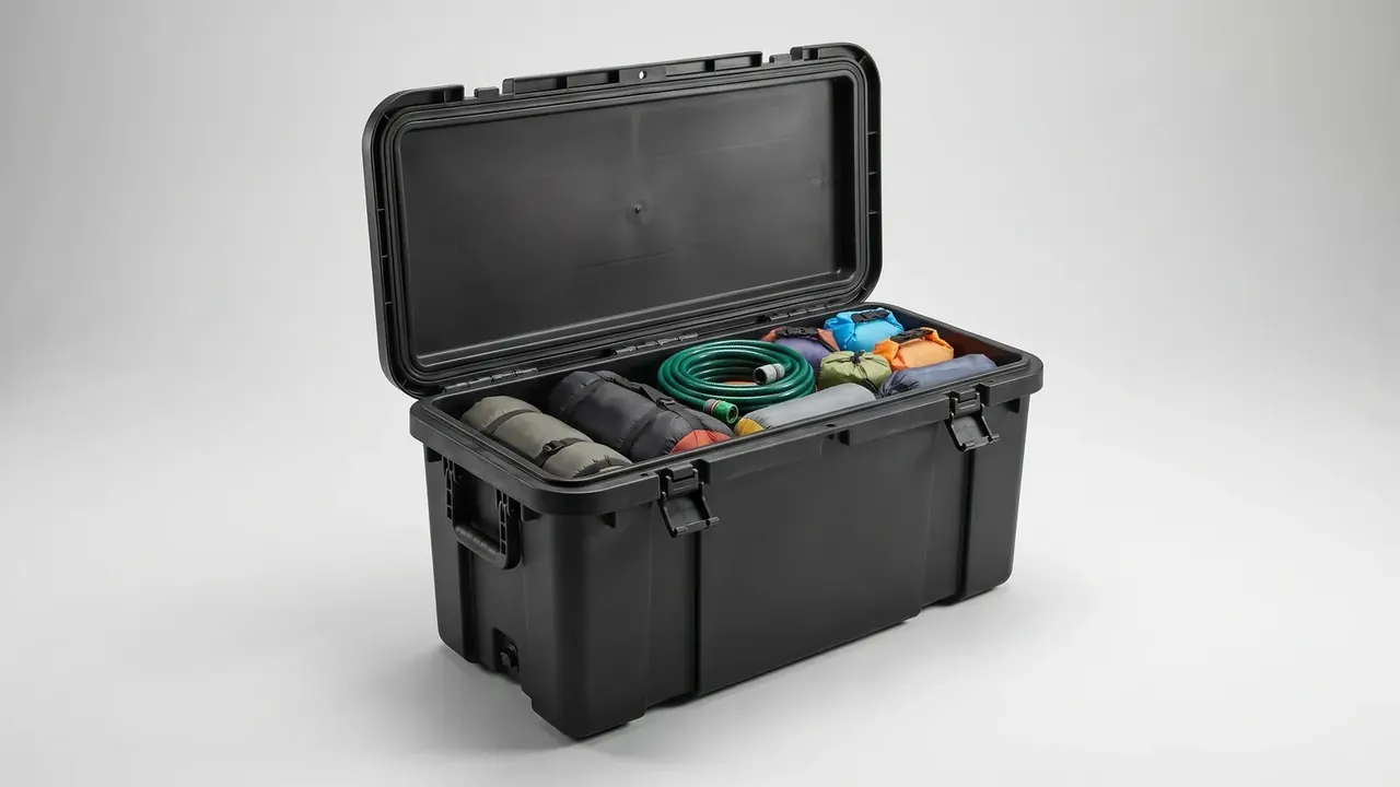 Open black case packed with coloured stuff sacks and a coiled green hose