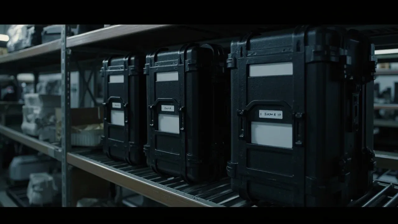Three black cases on a shelf, blank label cards in the front recesses, a small code tag below each