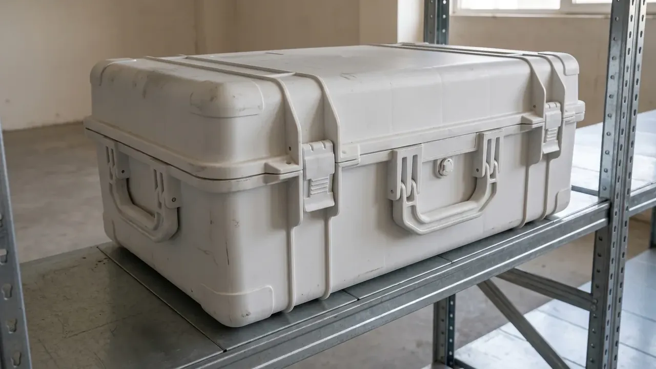Off-white case stored on a rack, lid ribs and scuffed sides visible