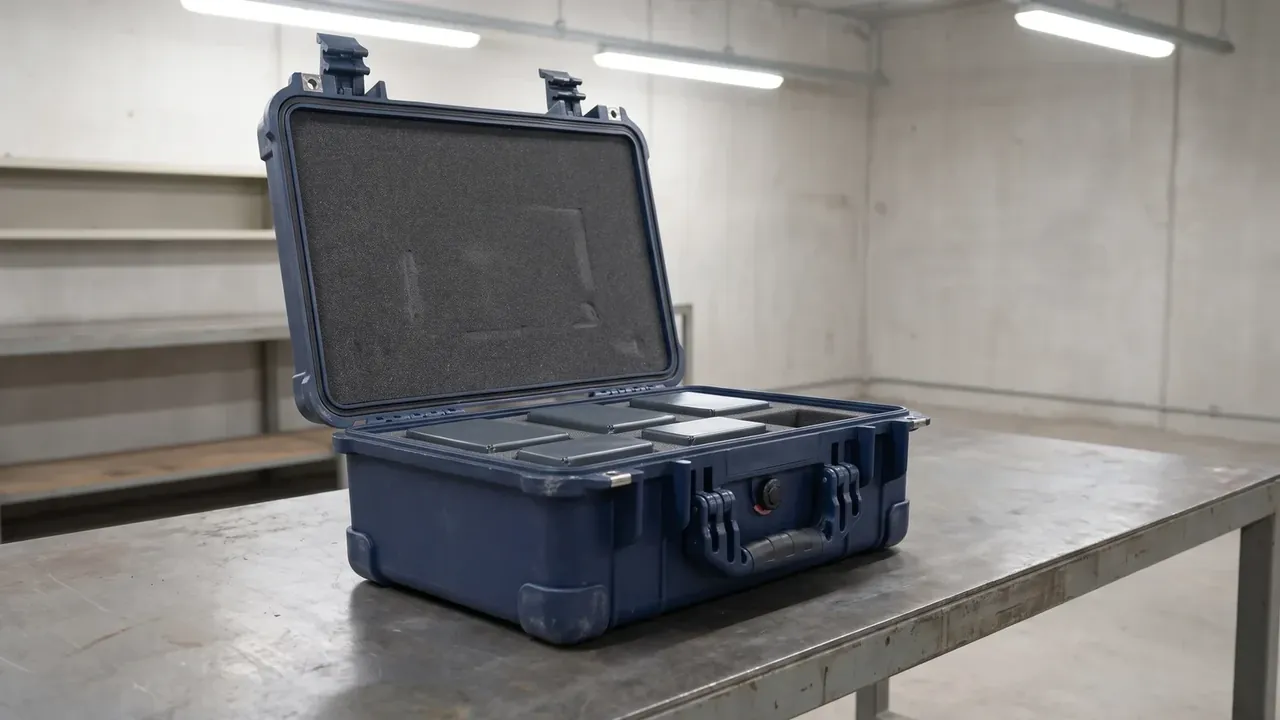 Equipment Case: a navy blue case open on a steel bench, six flat grey modules in the foam, tube lights and white shelving behind