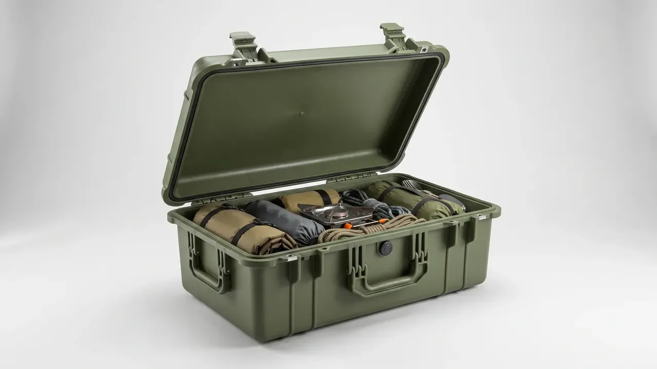 Olive case open with no foam, holding rolled bags, a stove and coiled rope