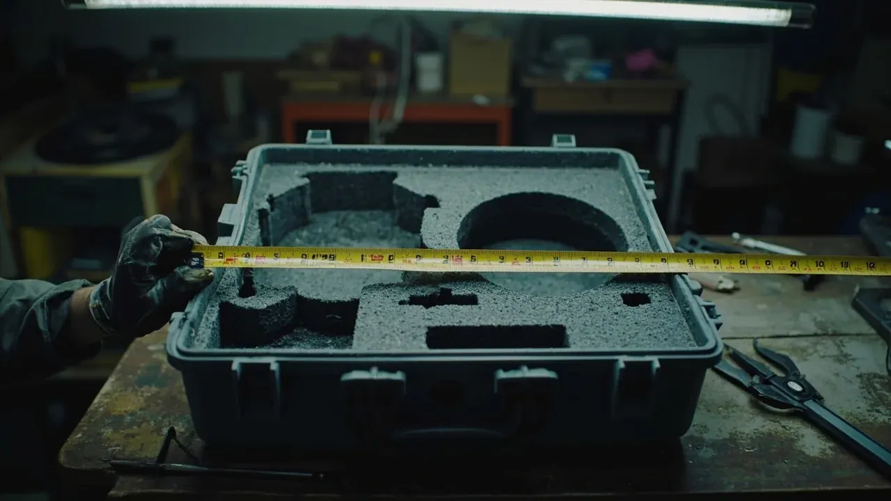 A gloved hand measuring the open cavity with a tape measure, foam compartments either side