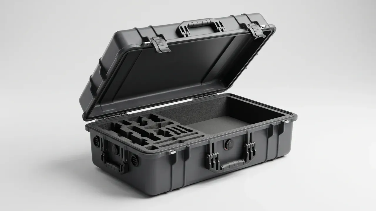 Equipment Case: a black case open forty five degrees, grey EVA with stepped pockets left and plain foam right, two latches and a vent